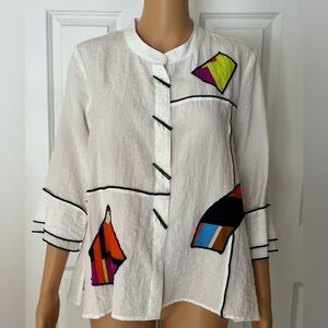 Artistic White Blouse with Geometric Accents